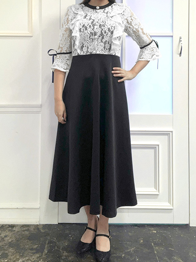 身長159cm骨格ストレートのスタッフがrt-ld7365(ホワイト×ブラック)を着用したフロント画像