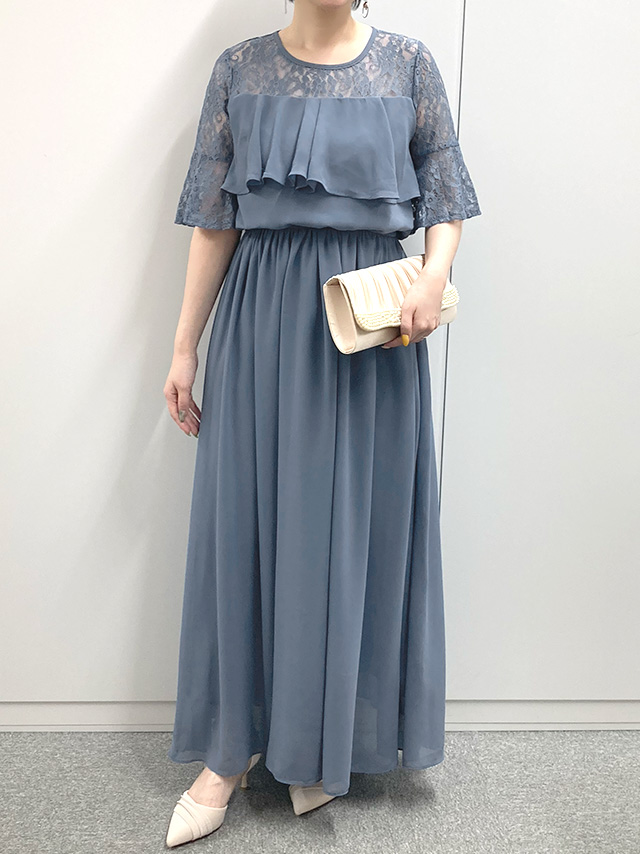 身長150cm骨格ウェーブのスタッフがrt-ld88202-1(ブルーグレー)を着用したフロント画像