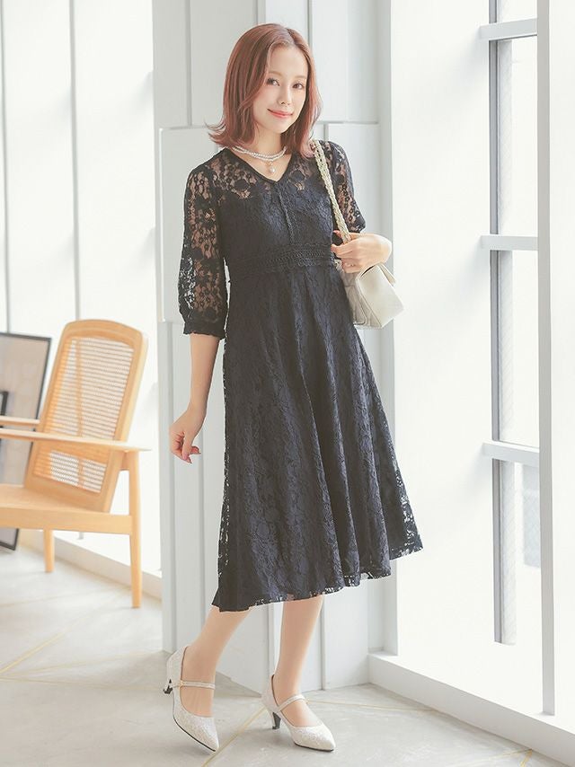 SALE] Vネックフレア総レースワンピースパーティードレス (Sサイズ～3L