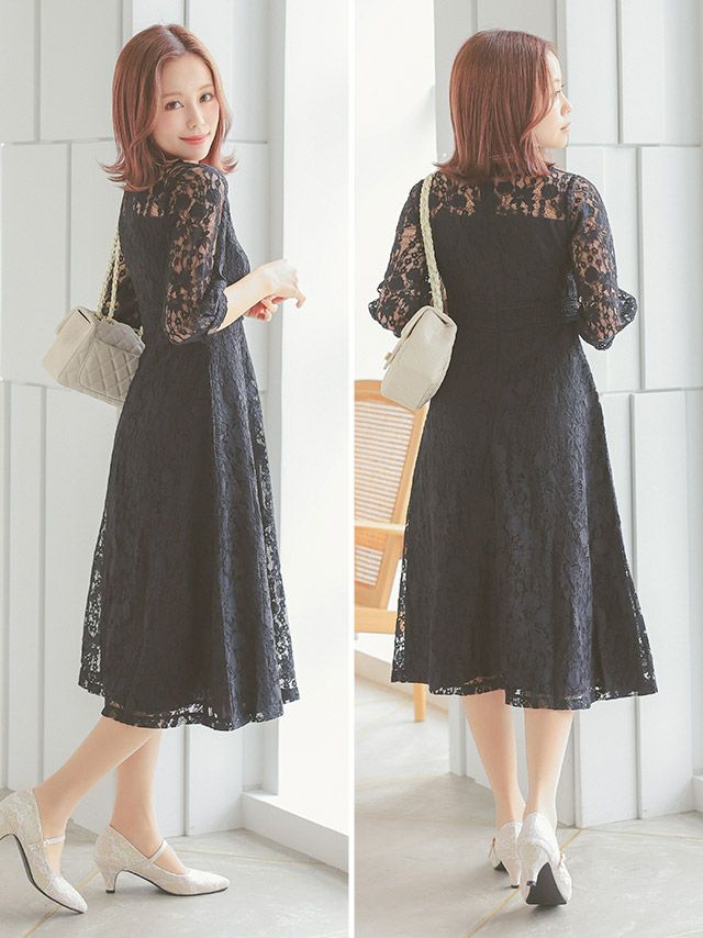 SUPER SALE] Vネックフレア総レースワンピースパーティードレス (S