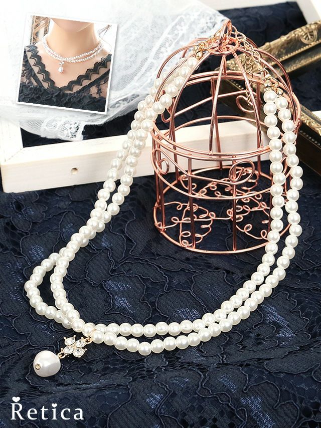 AHKAH2点セット☆ドロップパールチェーンネックレス、ララパール ピアス ドロップパールビジュー ネックレス×ピアス アクセサリー2set｜Retica