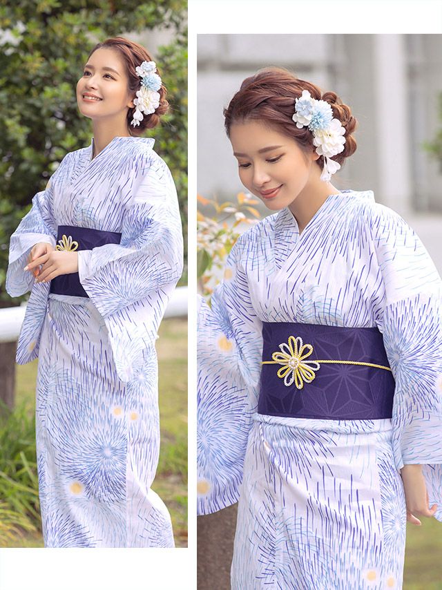 浴衣 青 白 総絞り風 レディース 夏祭り 花火大会 和装 白地×水色の花火柄 浴衣3点セット(浴衣＋平帯or作り帯＋下駄)｜Retica
