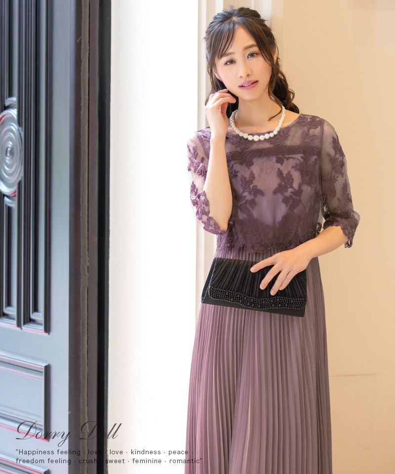 刺繍レース切替ロングプリーツワンピースパーティードレス (Mサイズ