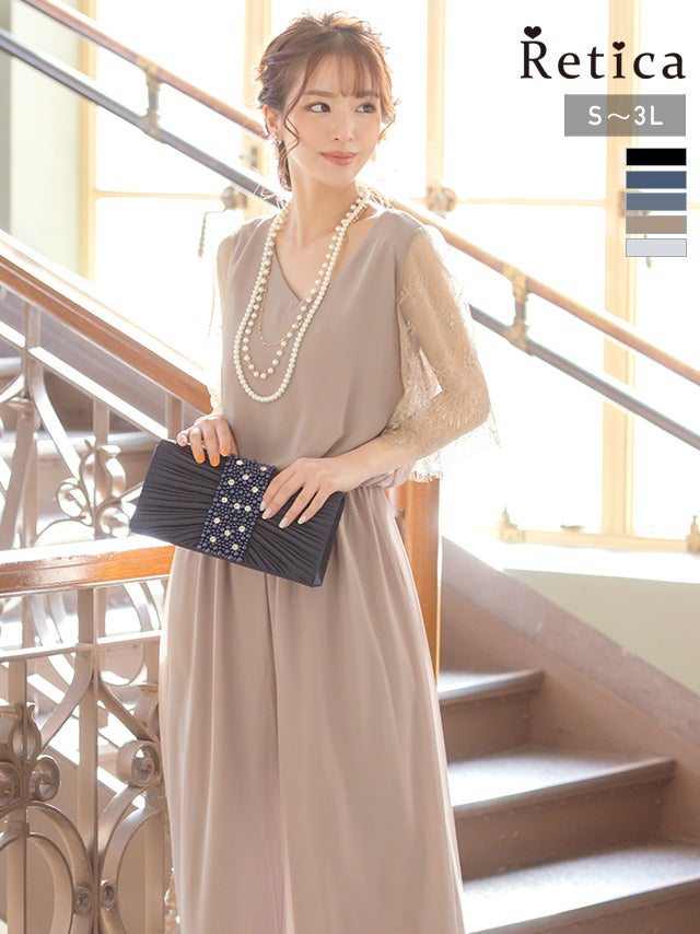 パーティードレス パンツ ワンカラーレース五部袖ワイドパンツプチプラパンツドレス