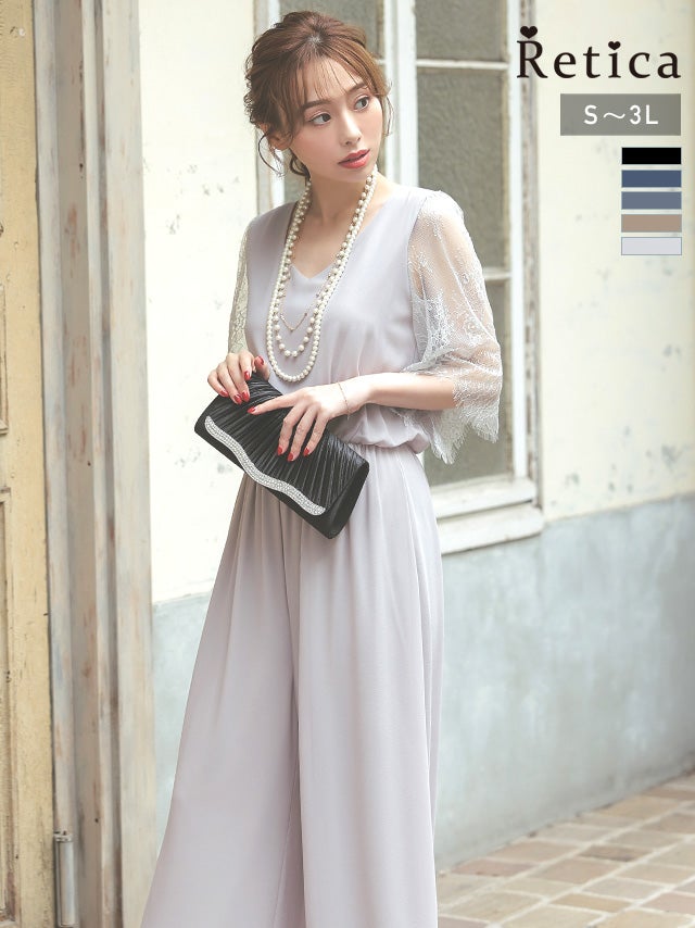 パーティードレス パンツ ワイドパンツレース五部袖Vネックプチプラパンツドレス