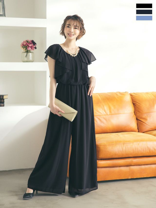 シフォンフリルパールネックレス付きワイドパンツプチプラパーティー