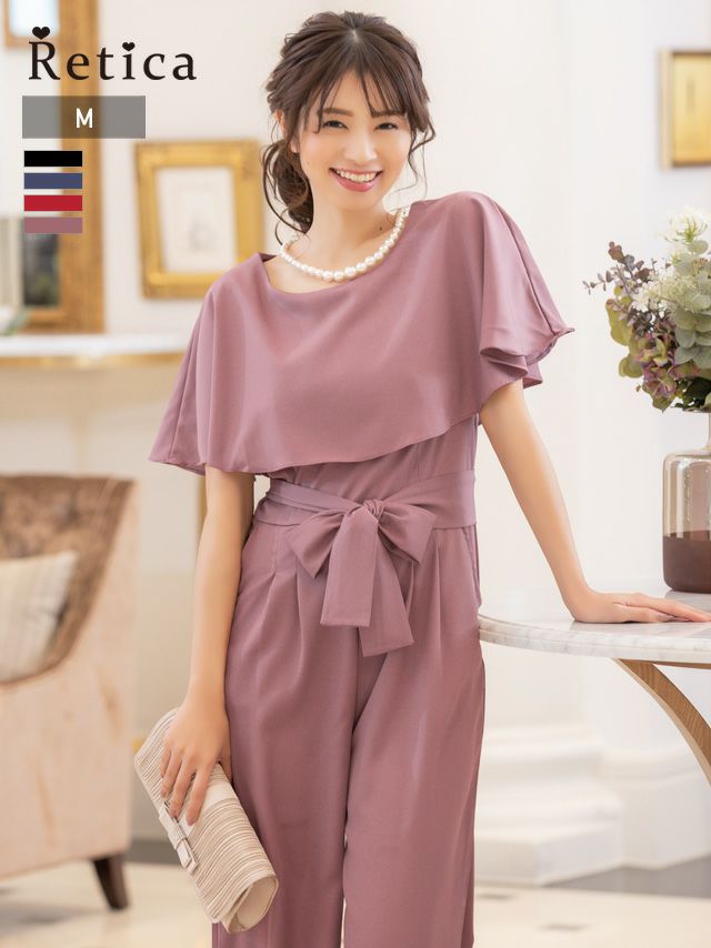 パーティードレス パンツ プチプラ ケープカラーウエストリボンワイドパンツドレス