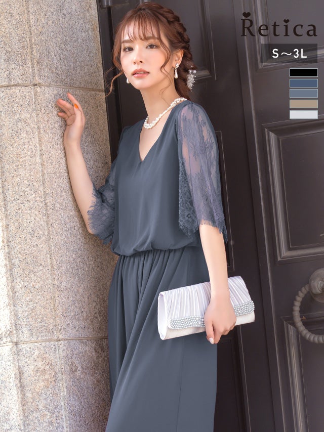 パーティードレス パンツ ウエストゴムレース袖ありワイドプチプラパンツドレス