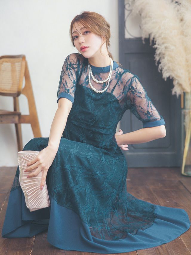 SUPER SALE] 半袖レース切り替えデコルテシースルーワンピース