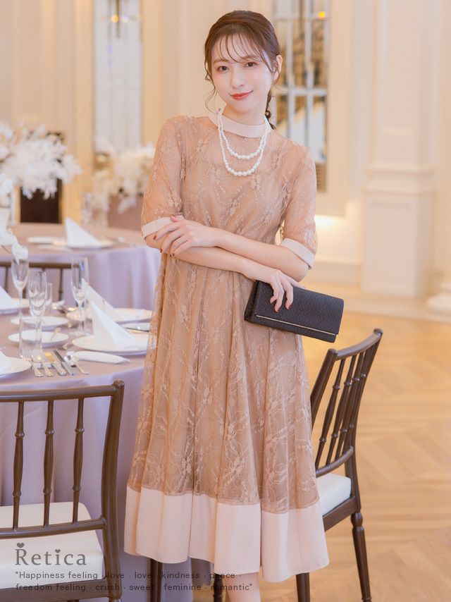 SUPER SALE] 半袖レース切り替えデコルテシースルーワンピース