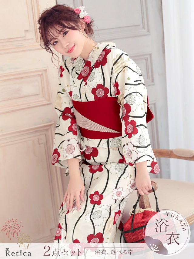 浴衣 レディース セット 大人 白地×椿柄 浴衣3点セット
