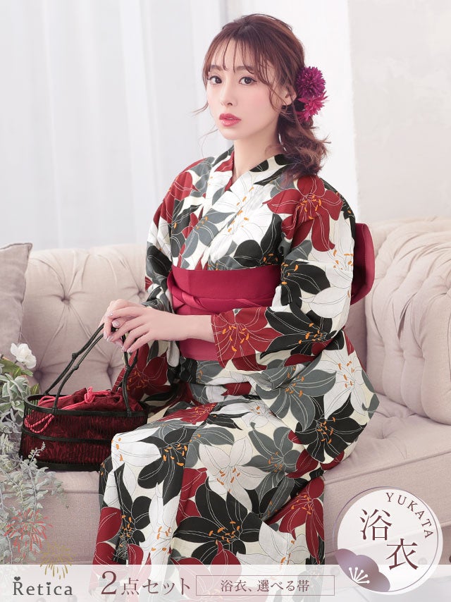 浴衣 レディース セット 大人 華やか百合柄 浴衣3点セット