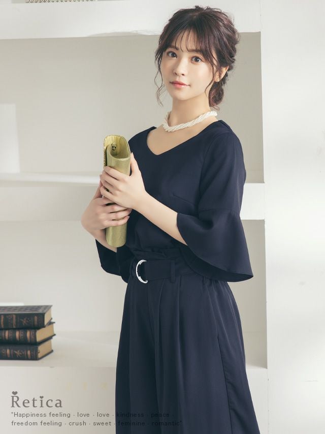 SALE] ワイドVネックベルスリーブパンツセットアップパーティードレス