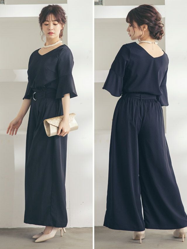 SALE] ワイドVネックベルスリーブパンツセットアップパーティードレス