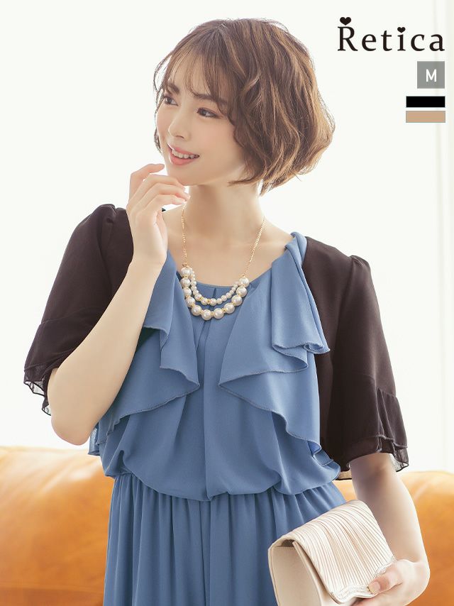 SALE] パフスリーブシフォン切替デザイン半袖ショート丈ボレロ (M