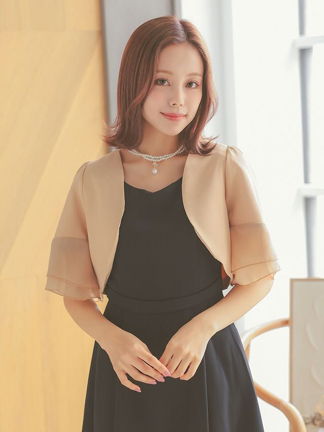 SALE] パフスリーブシフォン切替デザイン半袖ショート丈ボレロ (M