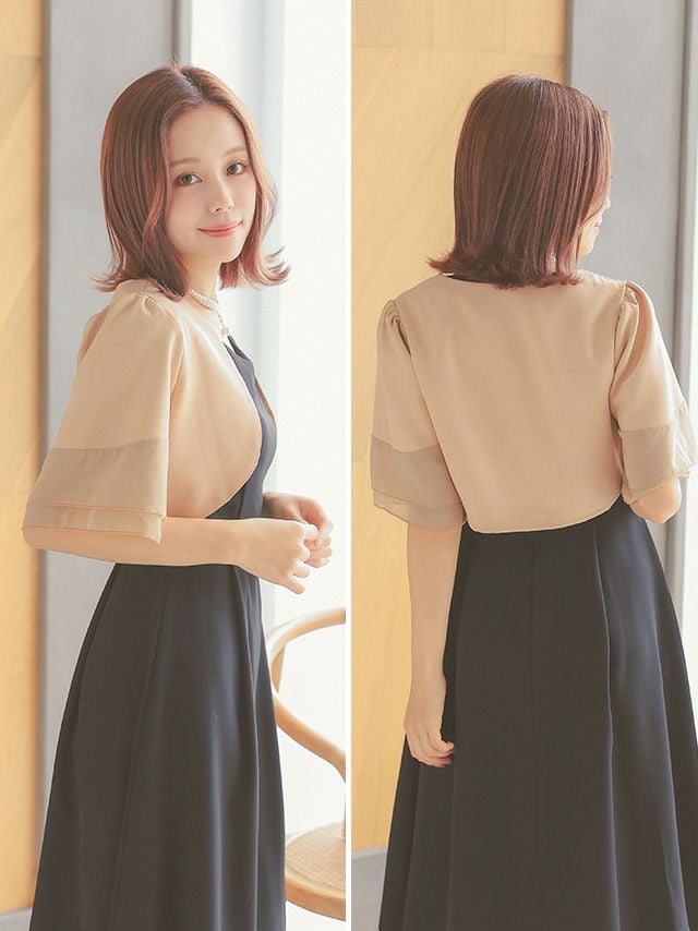 SALE] パフスリーブシフォン切替デザイン半袖ショート丈ボレロ (M