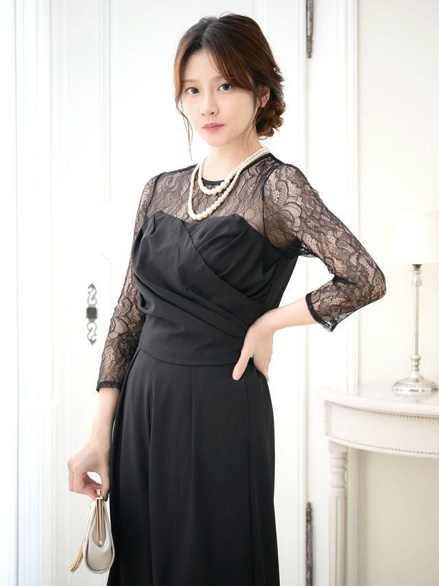 SALE] クルーネックレーススリーブカシュクール風オールインワン
