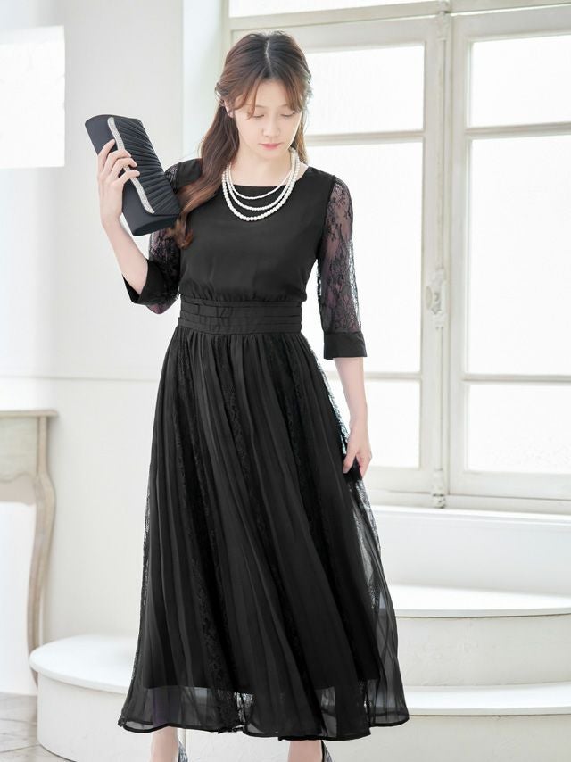 ブラックレーススリーブドレス SALE] レーススリーブウエスト切替シフォンドレープロングパーティー
