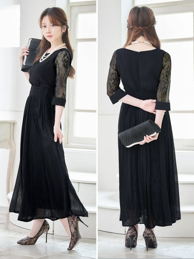SALE] レーススリーブウエスト切替シフォンドレープロングパーティー