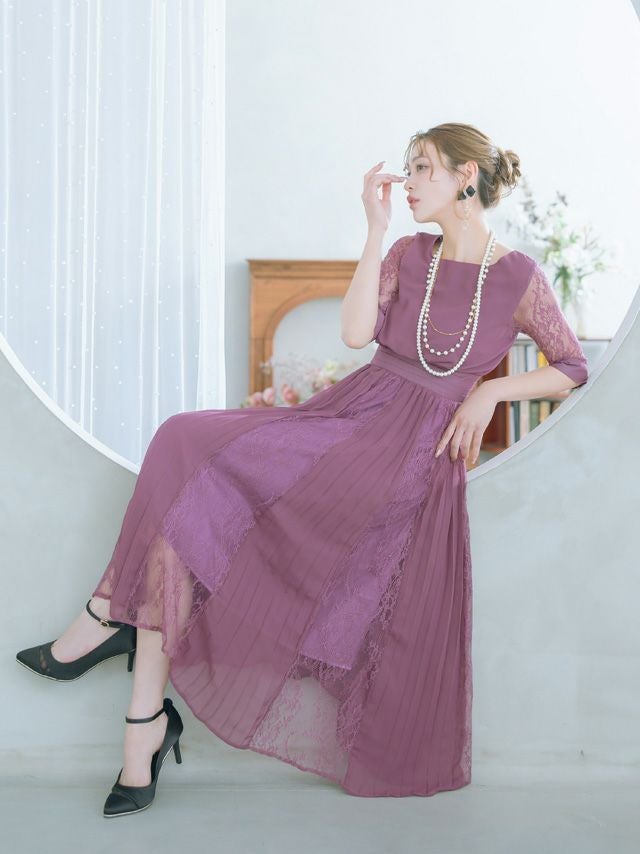 SALE] チュール5分袖ラウンドネックシフォンレースAラインロング