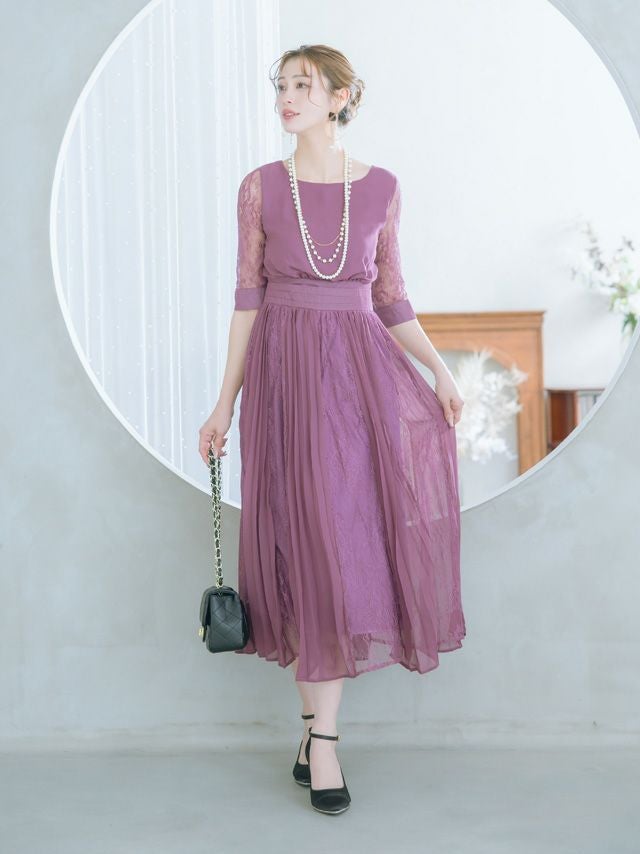 SALE] チュール5分袖ラウンドネックシフォンレースAラインロング