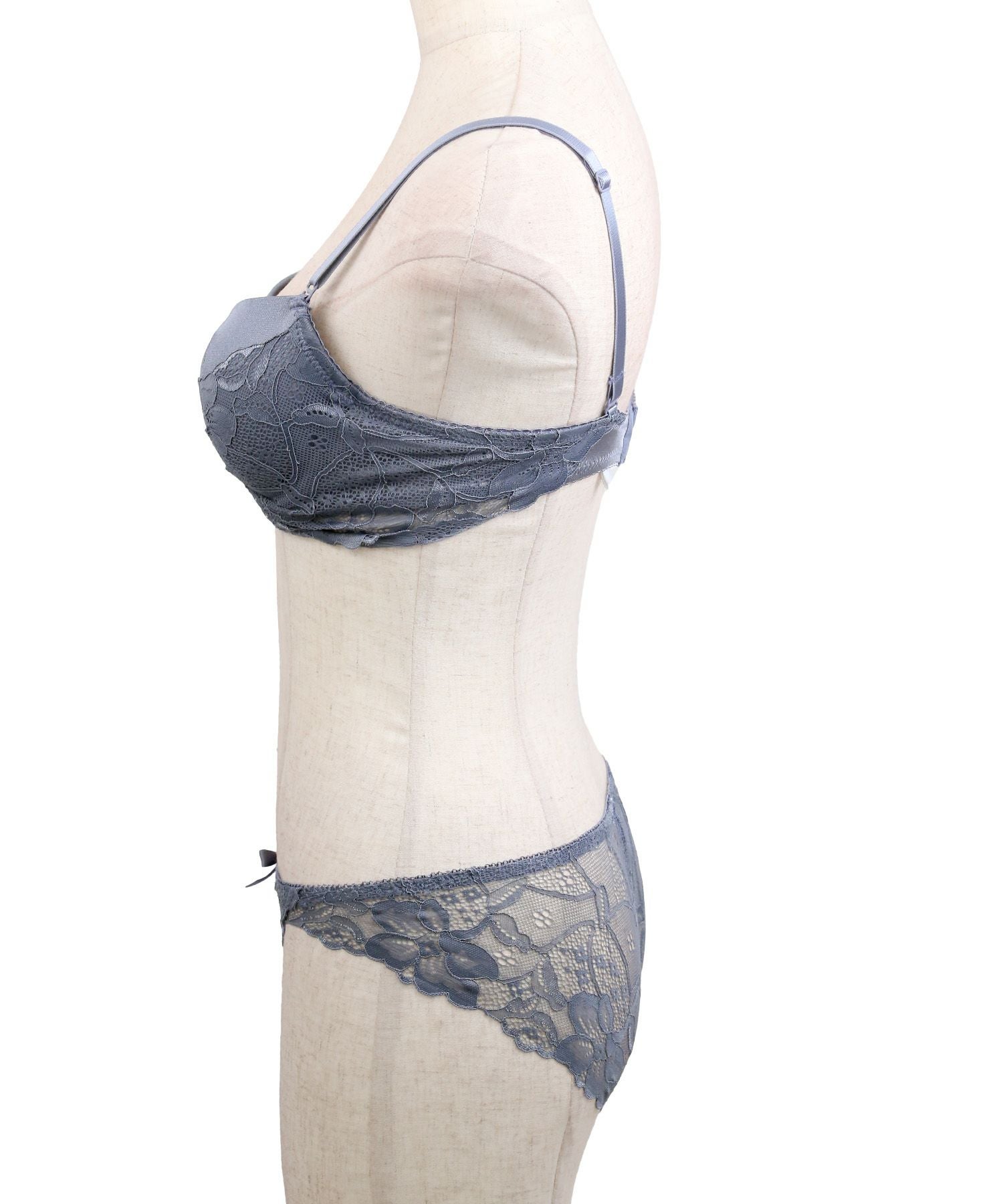 レースリボンブラジャー&ショーツセット☆(グレー/ブラック)(B~D,65~75
