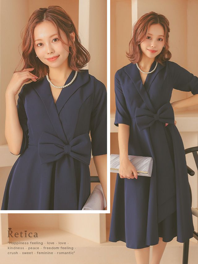 SUPER SALE] 襟付きカシュクールネック五分袖ミディアムワンピース