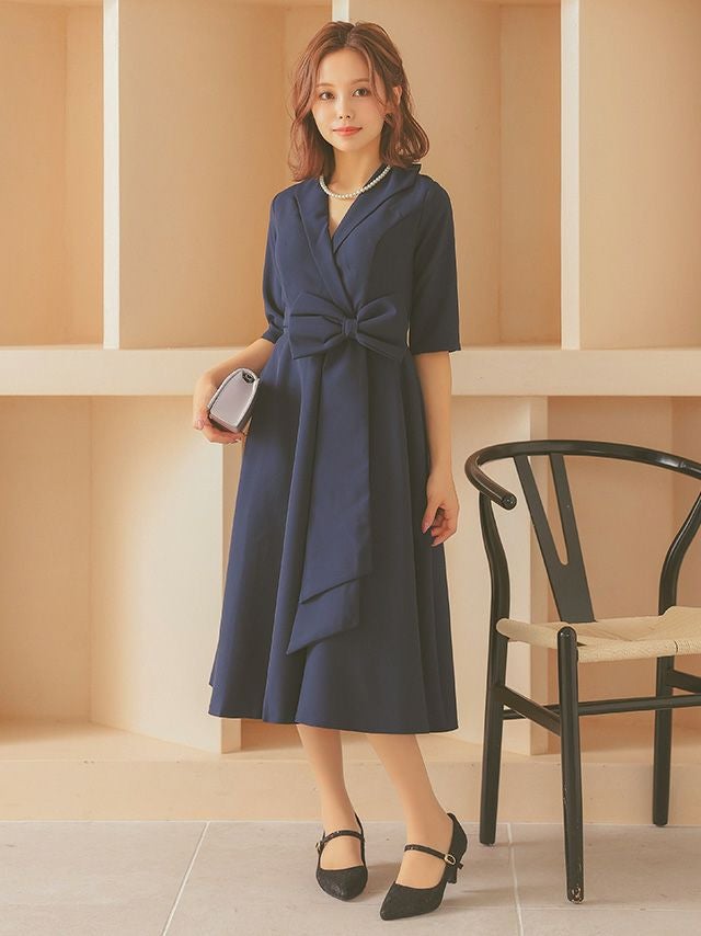 SALE] 襟付きカシュクールネック五分袖ミディアムワンピースドレス (XS