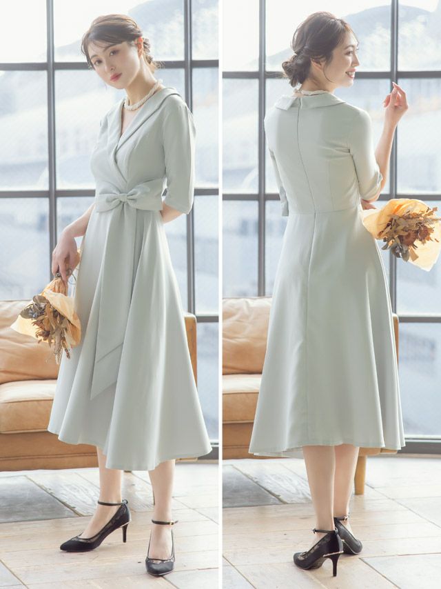 SALE] 襟付きカシュクールネック五分袖ミディアムワンピースドレス (XS