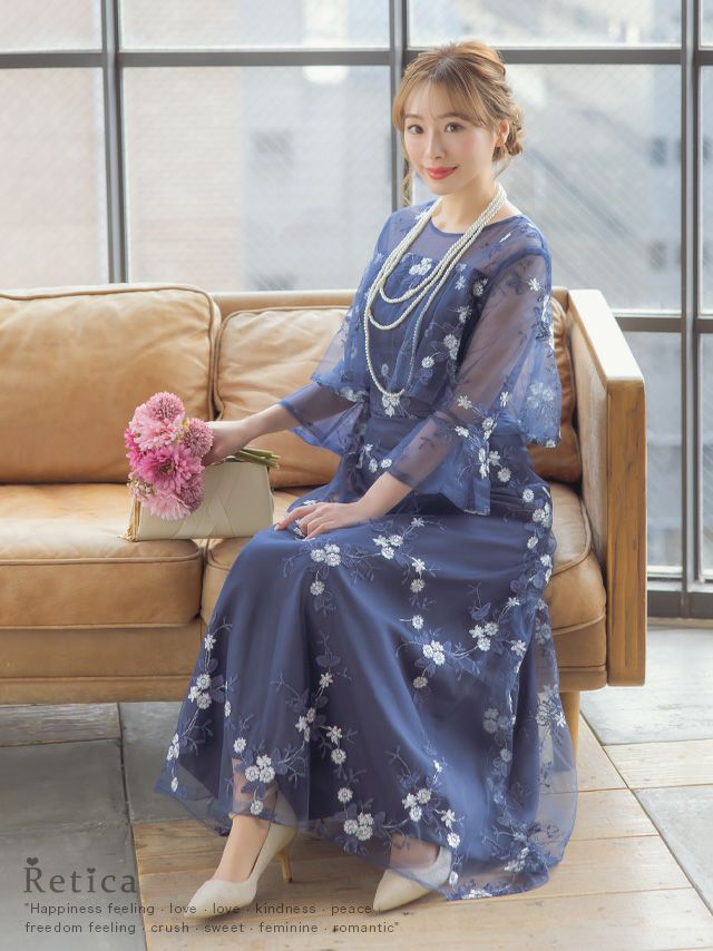 花柄刺繍フリルデザインロング丈パーティードレス (XSサイズ～4Lサイズ