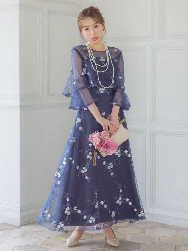 花柄刺繍フリルデザインロング丈パーティードレス (XSサイズ～4Lサイズ