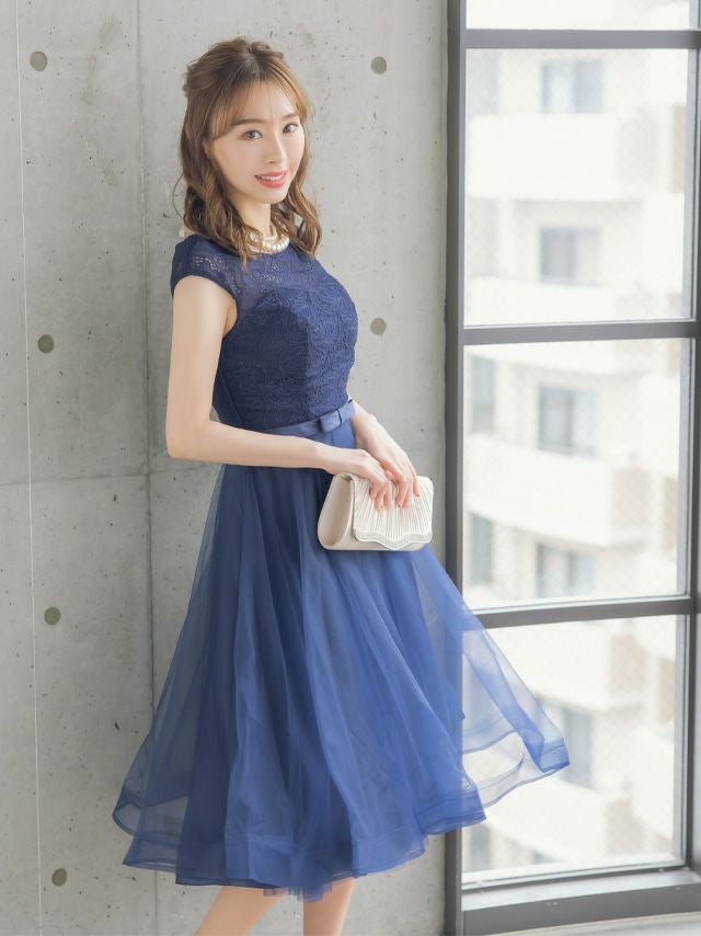 ノースリーブレース×重ねチュールスカートワンピースミディアム丈