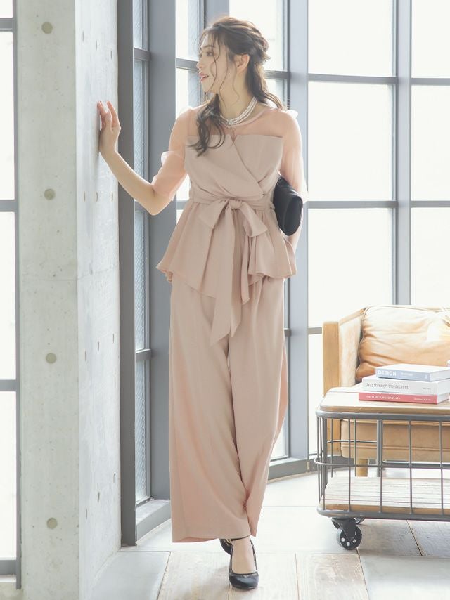 シースルー袖ビスチェ風デザインパンツセットアップパーティードレス