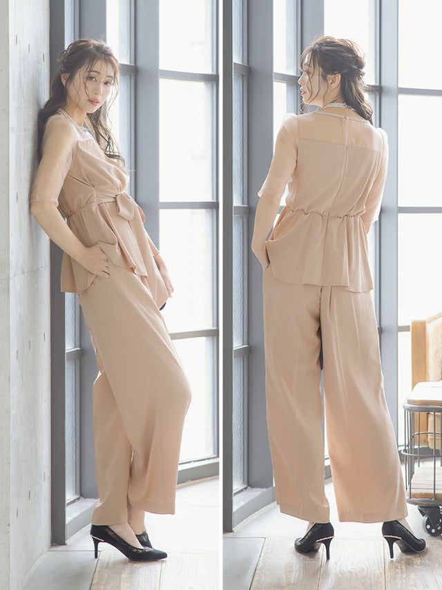 シースルー袖ビスチェ風デザインパンツセットアップパーティードレス