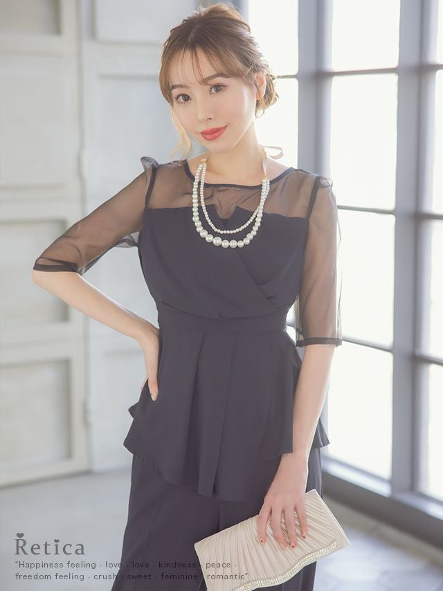 シースルー袖ビスチェ風デザインパンツセットアップパーティードレス