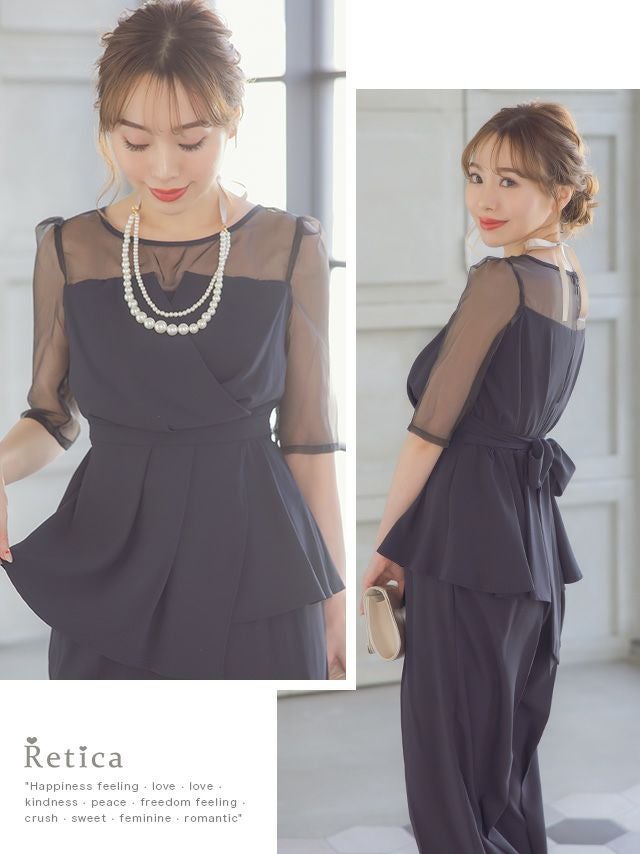 シースルー袖ビスチェ風デザインパンツセットアップパーティードレス