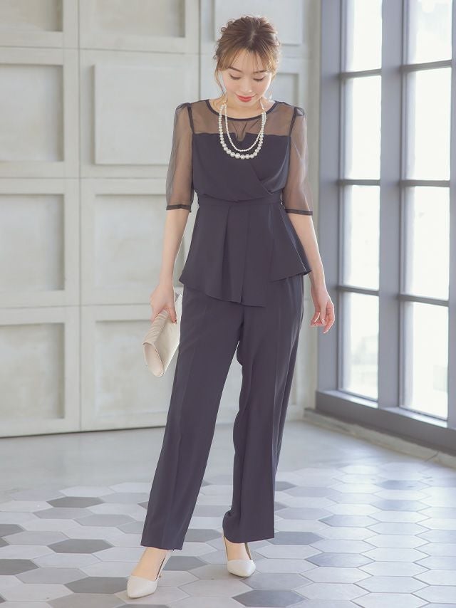 シースルー袖ビスチェ風デザインパンツセットアップパーティードレス