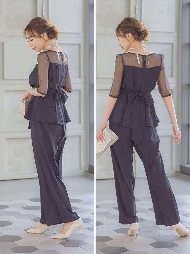 シースルー袖ビスチェ風デザインパンツセットアップパーティードレス