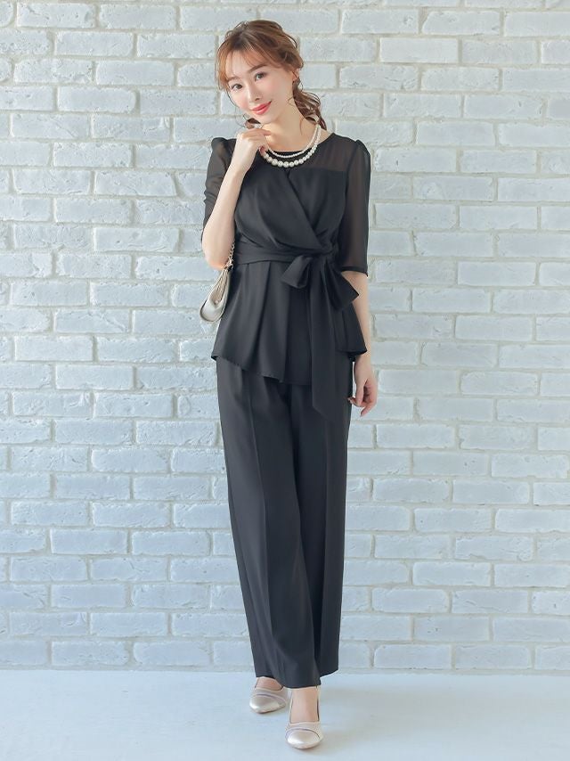 シースルー袖ビスチェ風デザインパンツセットアップパーティードレス