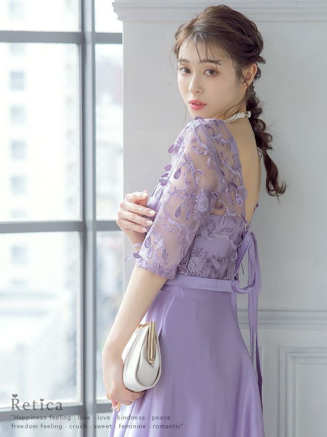 SALE] 立体刺繍レースバックリボン七分袖ロングスカートパーティー