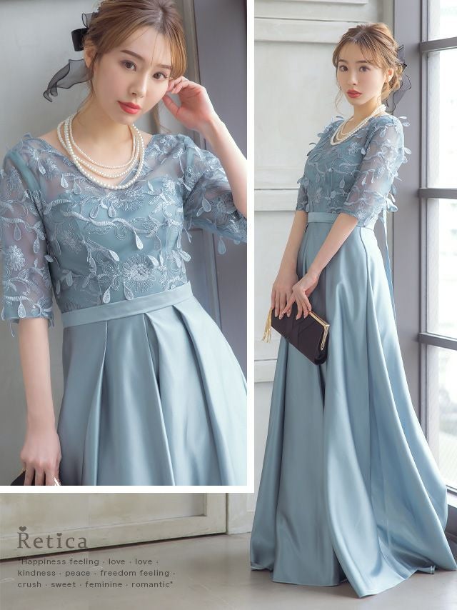SALE] レーストップス五分袖ロング丈ワンピースパーティードレス (XS