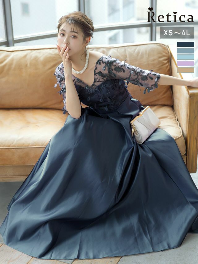 SUPER SALE] レーストップス五分袖ロング丈ワンピースパーティードレス