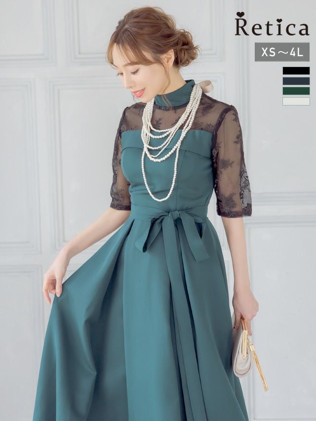 パーティドレス SALE] レーストップス五分袖ロング丈ワンピースパーティードレス (XS