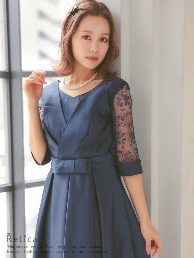 ウエストリボン小花柄シースルー袖ひざ下丈パーティードレス (XSサイズ