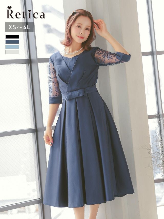 サテン生地クロスデザインレース七分袖ミディアム丈パーティードレス