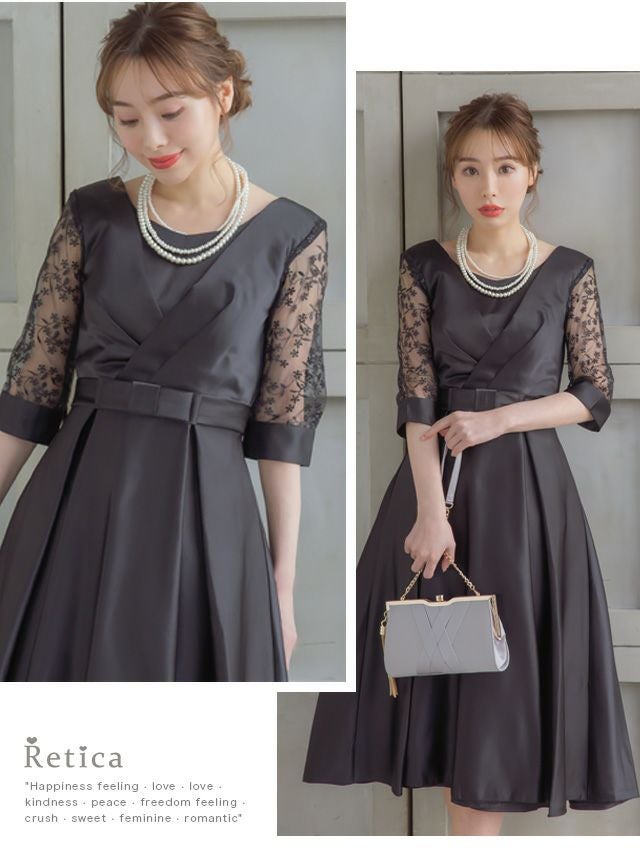 サテン生地クロスデザインレース七分袖ミディアム丈パーティードレス