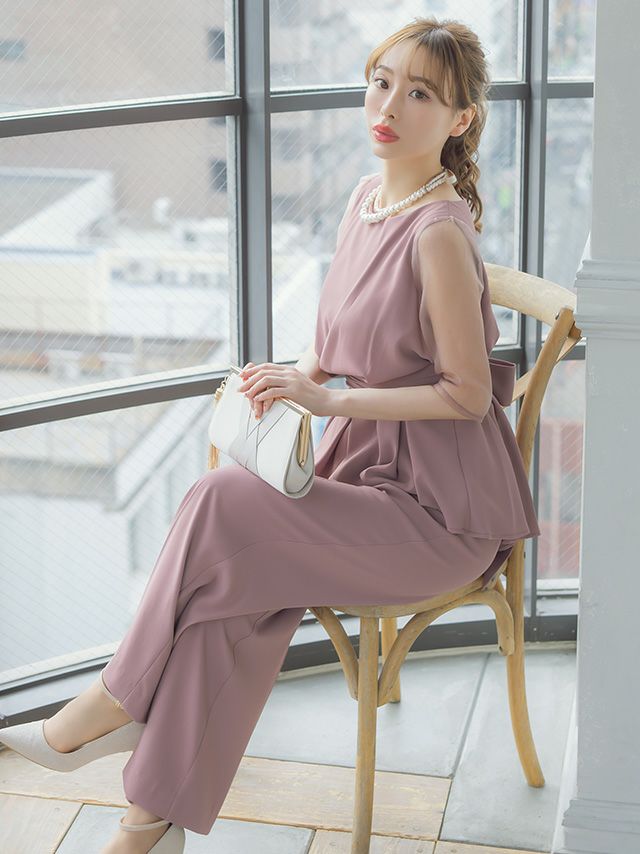 ワンカラー袖ありバックリボンセパレートパンツパーティードレス (S