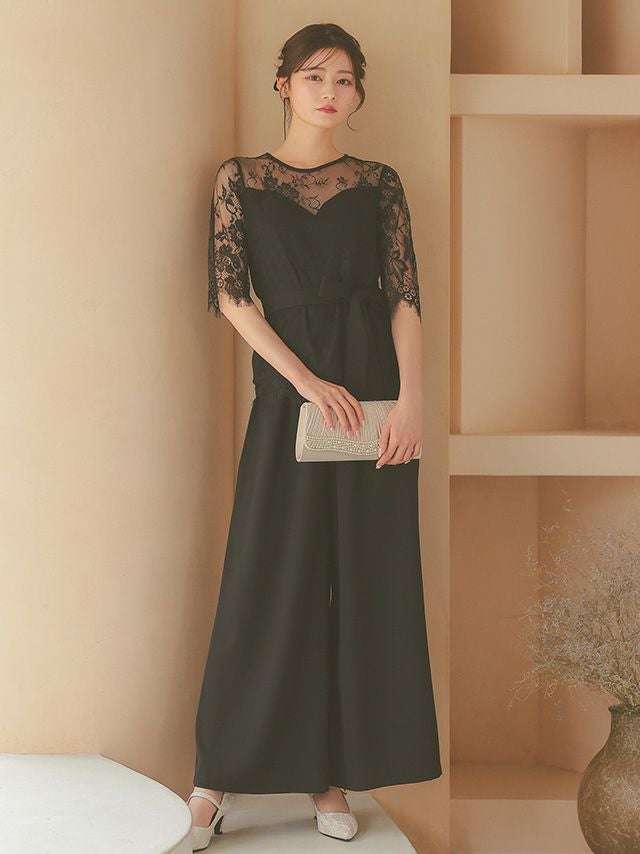 SALE] レーススリーブウエストリボンセットアップパンツパーティー