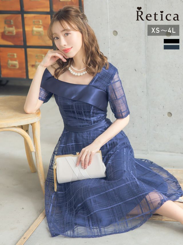 SALE] オフショルダーひざ下丈フレアワンピースパーティードレス (XS